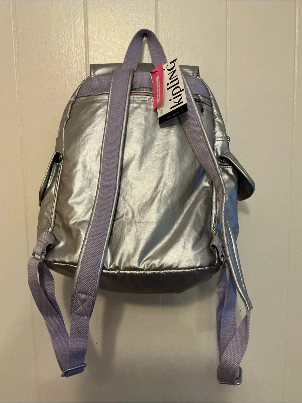 NWT Kipling city pack Metallic Backpack Purple Straps Monkey Zip Pockets Bag